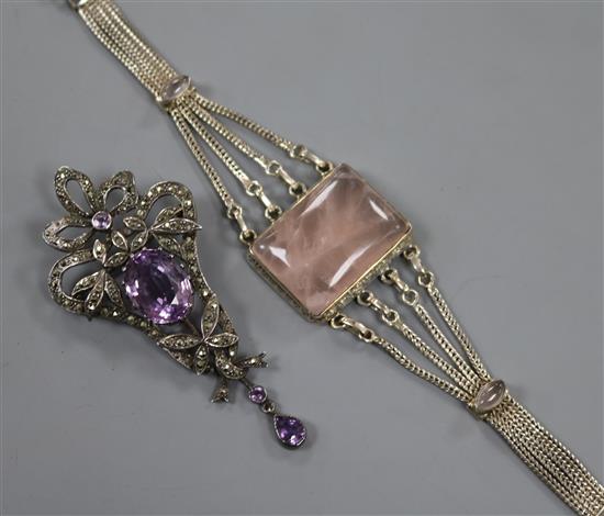 A Victorian style silver, amethyst and marcasite set brooch and a modern Italian white metal and rose quartz bracelet.